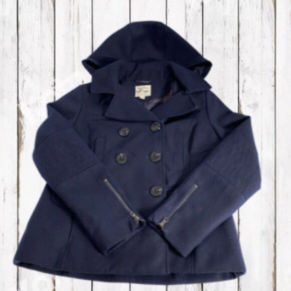 NEW Pea Coat Maralyn & Me Navy Hooded Juniors Size Large - Picture 3 of 16